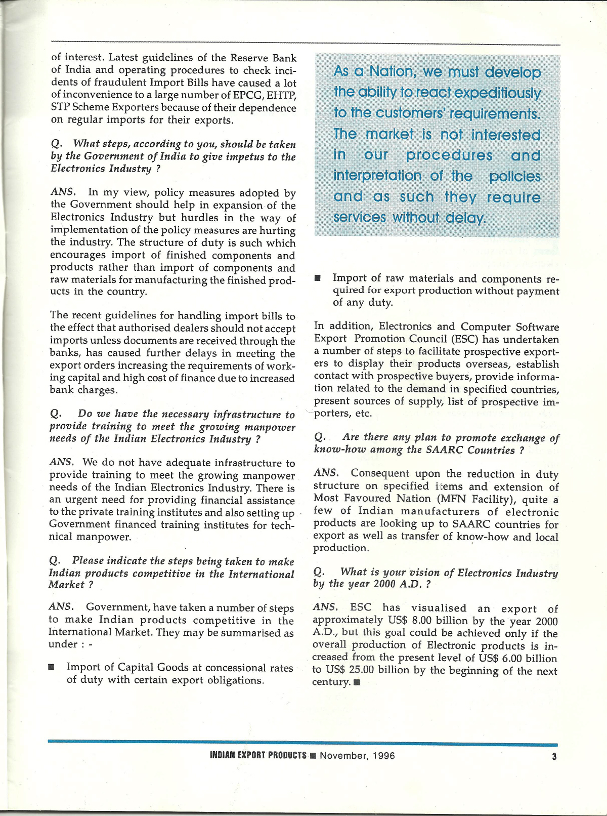 1996 November Indian Export Products Magazine Long Term Strategy For Exports Required feature Manohar Lal Tandon 3
