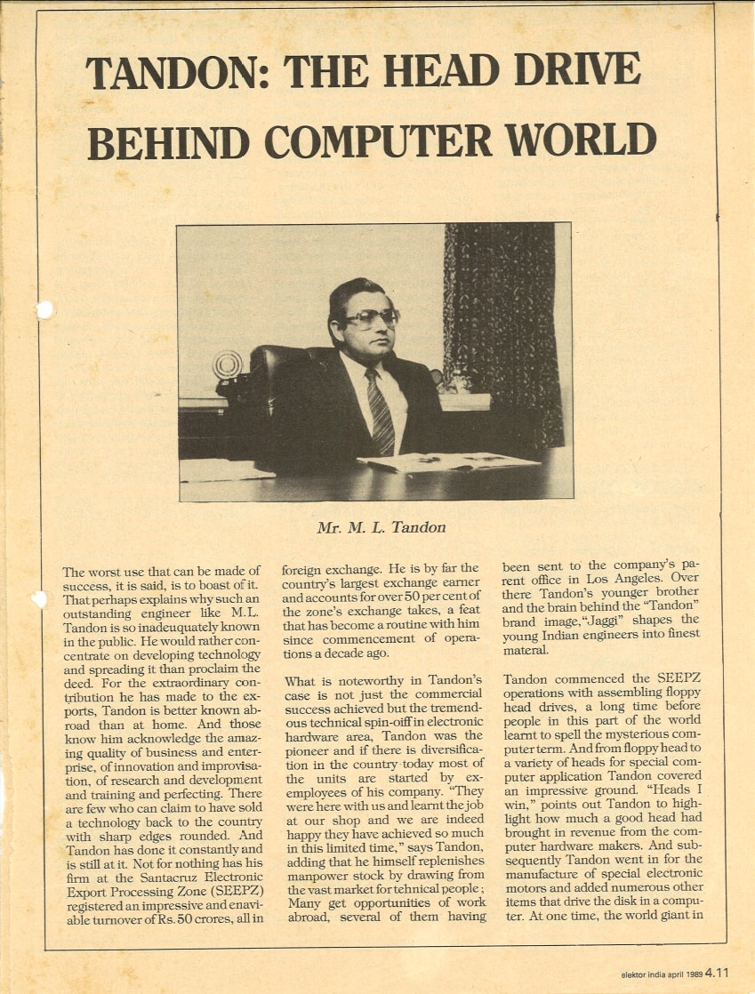 1989 April Elecktor India THE HEAD BEHIND COMPUTER WORLD Tandon Group Manohar Lal Tandon 1