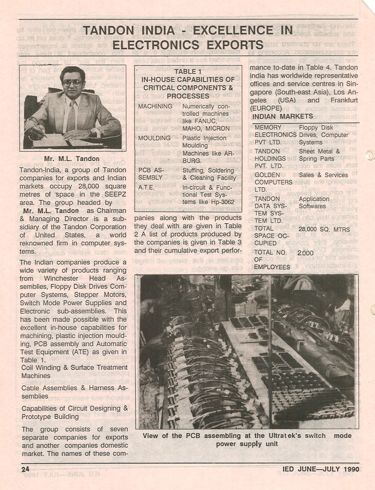 1990 July IED Tandon India Excellence In Electronics Exports Tandon Group Manohar Lal Tandon