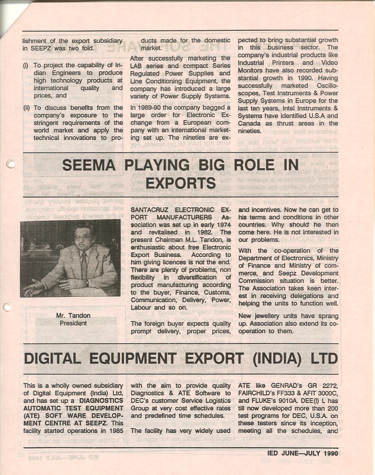 1990 June IED SEEMA PLAYING BIG ROLE IN EXPORTS Tandon Group Manohar Lal Tandon
