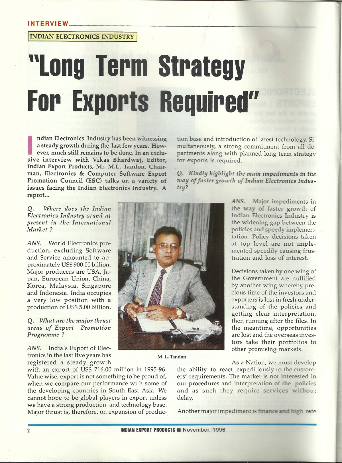 1996 November Indian Export Products Magazine Long Term Strategy For Exports Required feature Manohar Lal Tandon 2